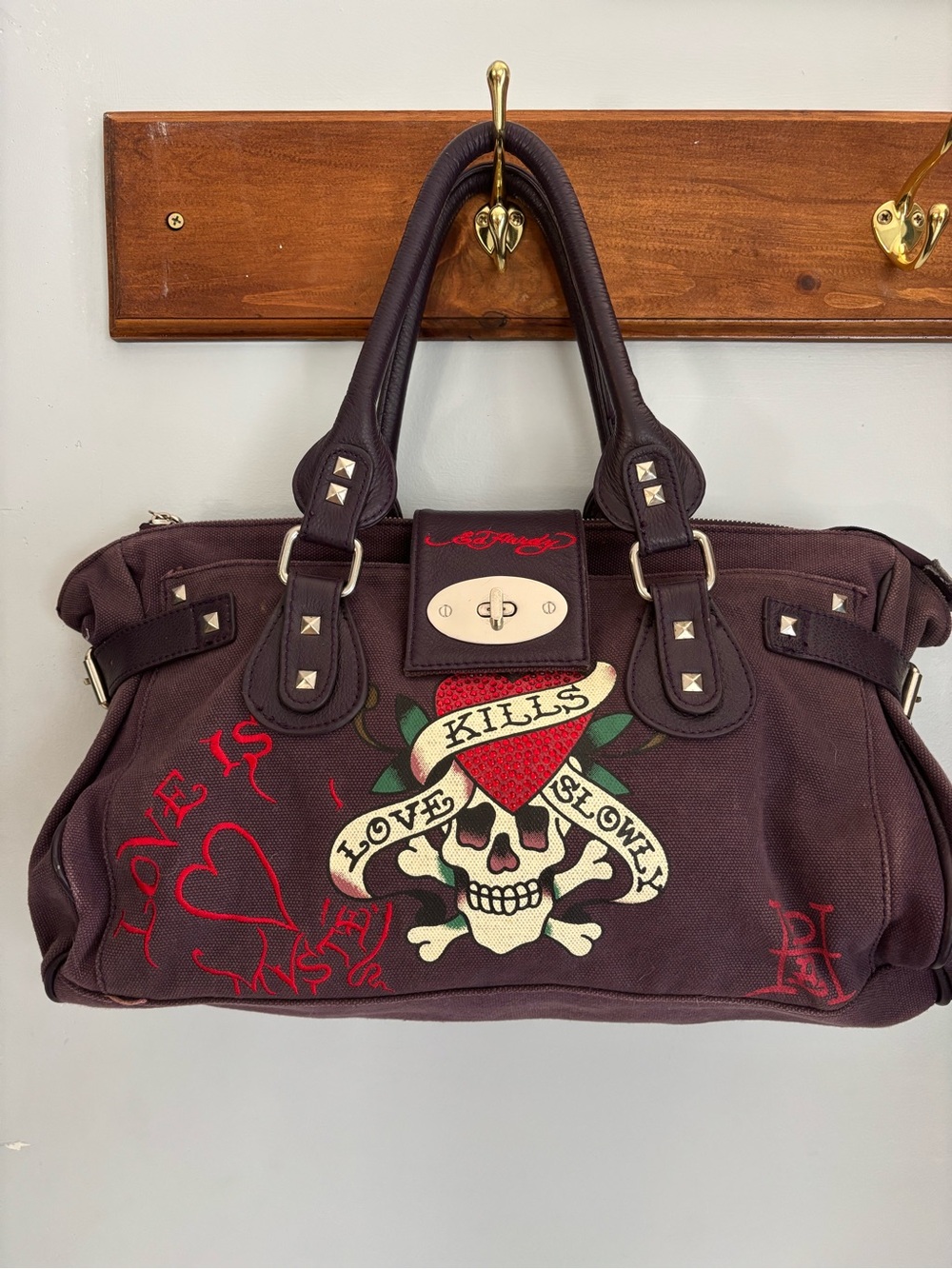 Christian Audigier Chocolate Brown Heart & Skull Satchel